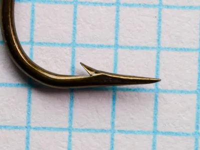 Mustad 3891 Sproat Hook — extreme close-up of point geometry — size No. 1 — hollow point barb and taper detail