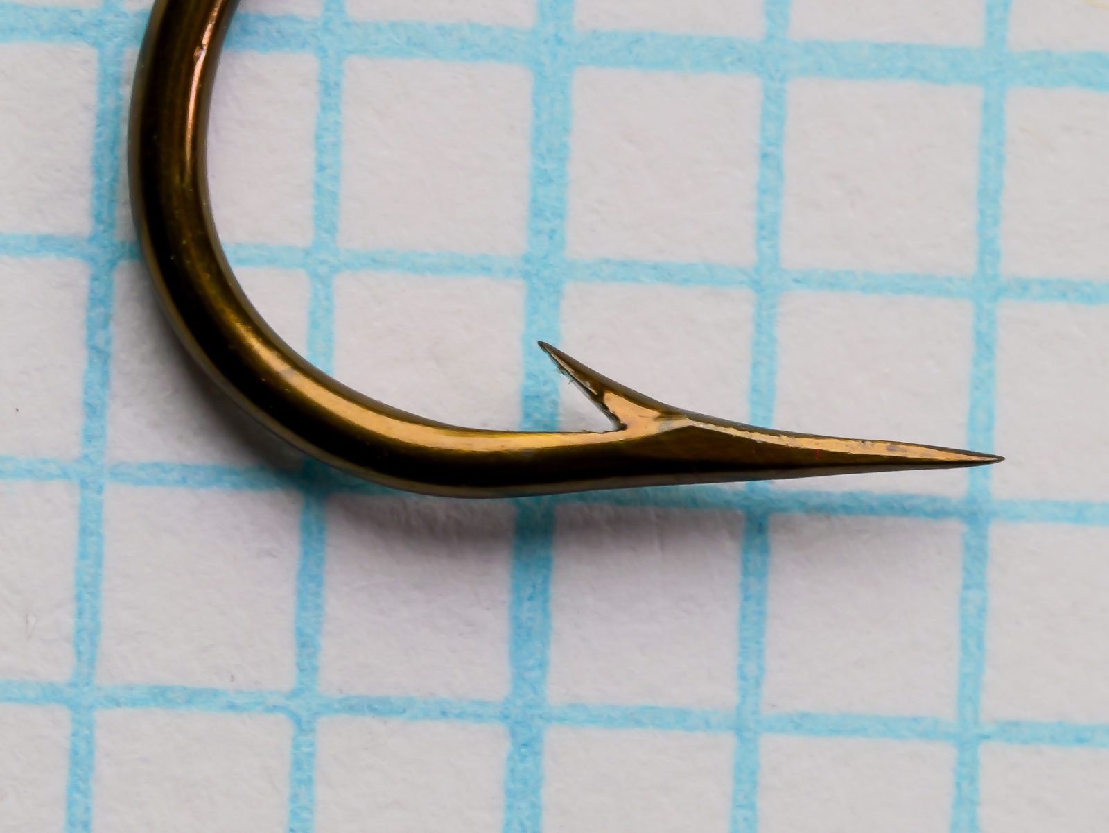 Mustad 3906B size No. 4 — hook point detail — showing hollow-point geometry — side profile on measurement grid