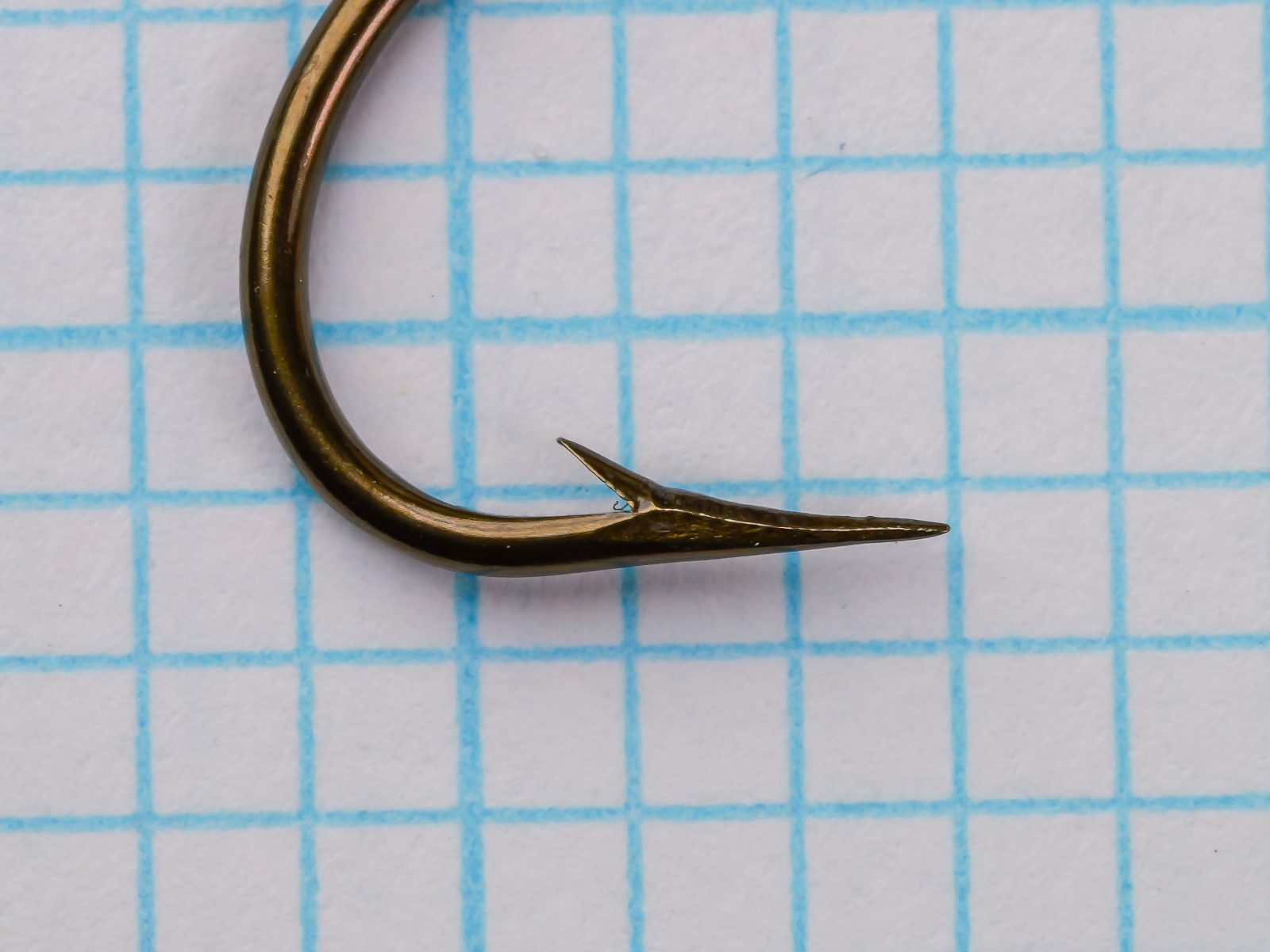 Mustad 3906B size No. 1 — hook point detail — showing concave hollow-point geometry and barb angle — side profile on measurement grid