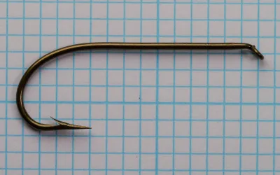 Mustad 3908 A — full hook profile — size 2 — demonstrates extra-long shank and Sproat bend curvature