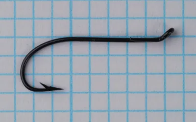 Mustad 90240 Low Water Salmon Hook — full side profile showing turned-up looped eye, extra-long shank, and Limerick bend geometry