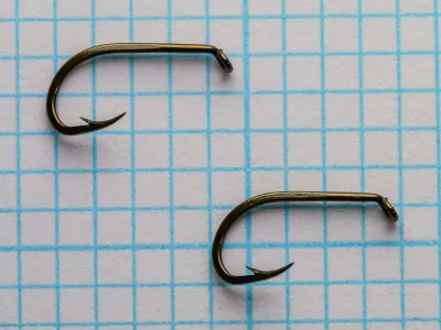 Two Mustad 92209 size 10 hooks side by side on a printed grid