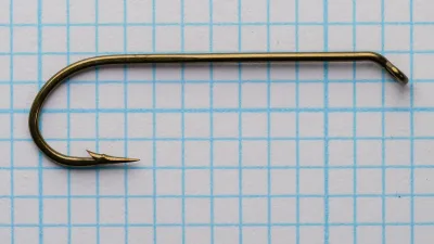 Mustad 9672 Size 4 — full hook profile — top-down view — showing shank length, bend curve, and eye configuration