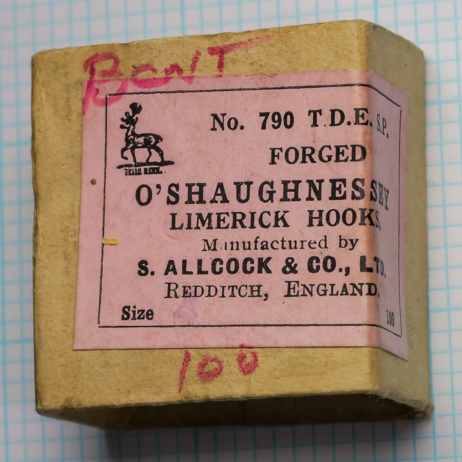 S. Allcock No. 790 T.D.E. Forged O'Shaughnessy Limerick Hook — original pink label and kraft-backing card — size 12 — showing manufacturer branding and letterpress printing