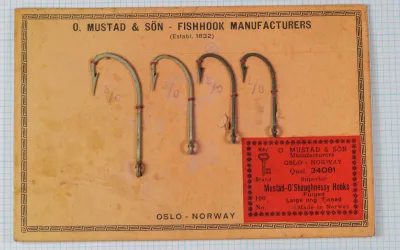 Mustad 34081 O'Shaughnessy — full display card on measurement grid showing Greek key border frame and label placement — overall card dimensions and hook mounting