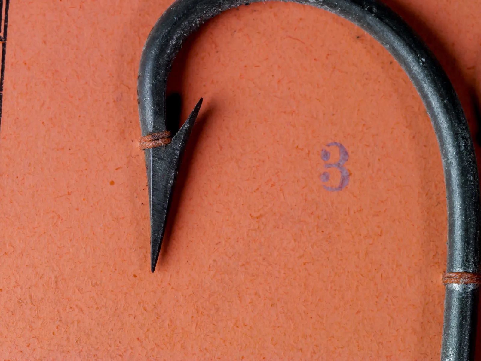 Mustad 7860 Virginia Hook size 3 — point detail showing superior point geometry and tinned finish — close-up on measurement grid