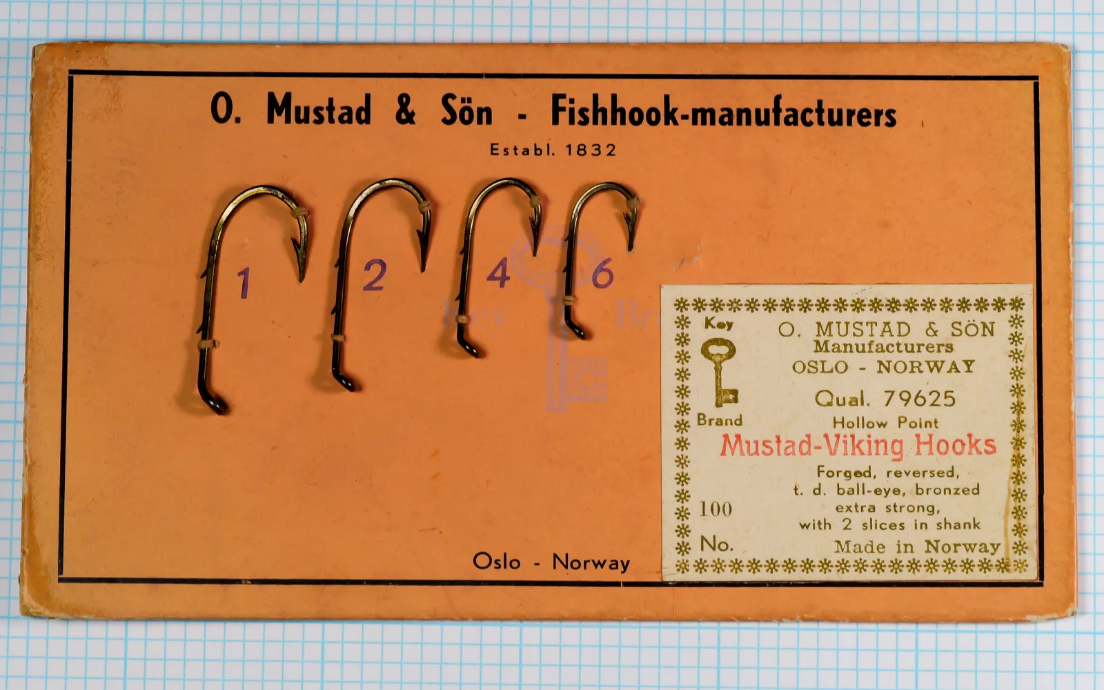 Mustad 79625 Viking Hooks sales card — full card view with four sample hooks in sizes 1, 2, 4, 6 displayed on orange cardstock with cream-colored label showing Key Brand logo and specifications — c. 1950s-1960s