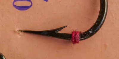 Mustad 9530 Size 2/0 — close-up of hook point showing hollow point geometry and reversed offset — bright steel finish with age patina — detail view of barb placement and point taper
