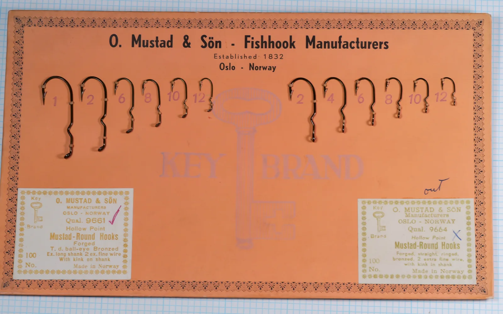 Whole orange sales card on blue grid paper: twelve hooks in two rows, a large Key Brand key, and labels for Qual. 9661 at left and Qual. 9664 at right.