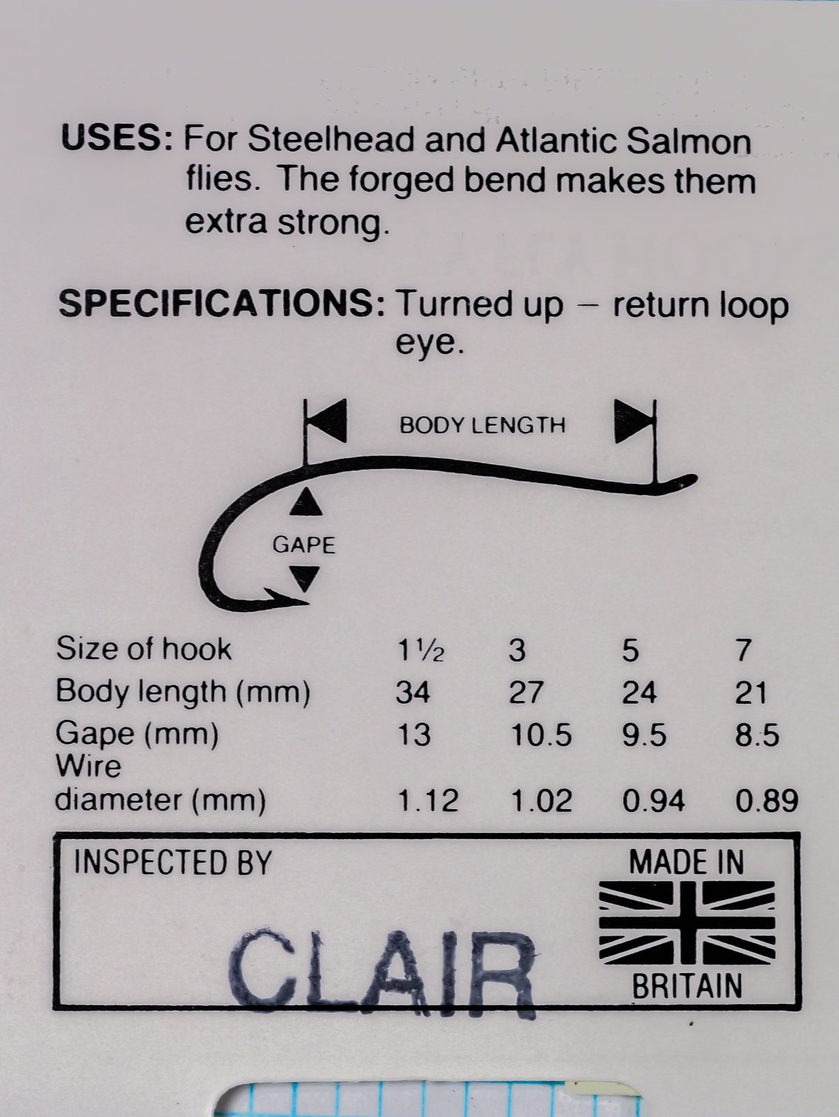 Partridge CS 22 Spey hook specifications chart with sizing and dimensions