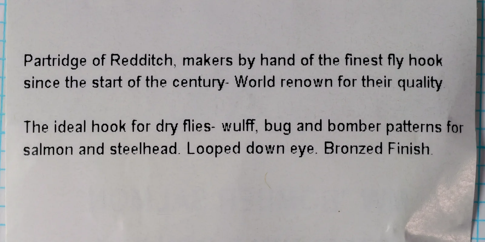 Partridge of Redditch — promotional text describing the manufacturer as makers of the finest fly hooks since the start of the century, world renowned for quality — packaging text detail