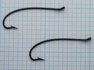Partridge CS10 Size 6 — two hooks side-by-side comparison showing consistency of forging and bend geometry — japanned black finish