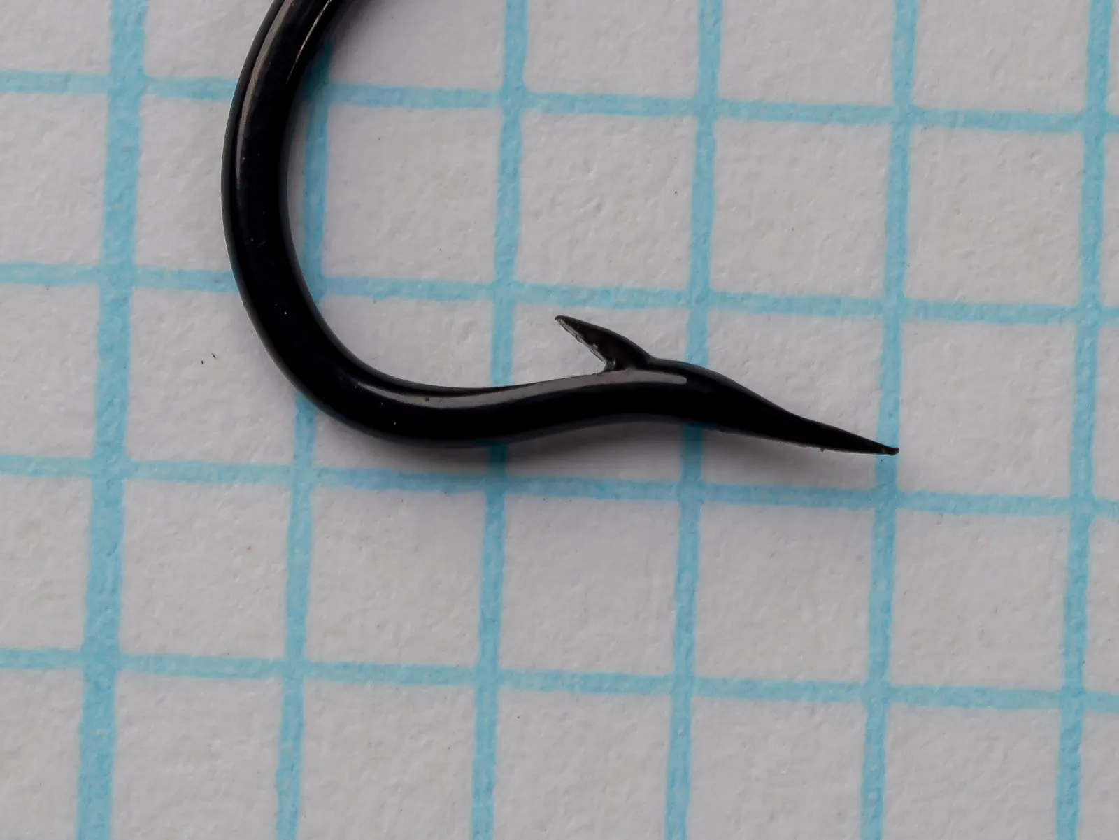 Partridge CS10 Size 6 — right-side profile showing point and barb geometry — bright japanned black finish — superior point taper visible against grid background