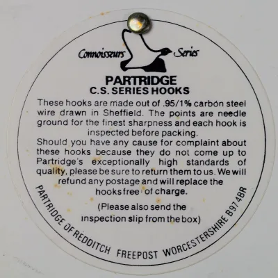Partridge CS2 BL Size 10 — reverse label showing product specifications, printed guarantee, address, and hand-stamped inspector mark — Made in Britain attribution with Union Jack flag