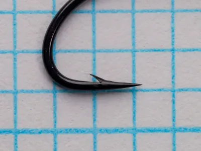 Partridge CS2 BL Size 10 — side profile showing modified Limerick bend, outward-swept lower limb, superior point taper, and barb placement — on 1/10-inch measurement grid