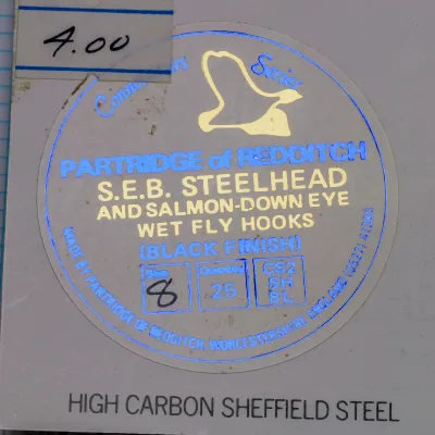 Partridge CS2/SH BL Original Packaging — circular card label showing model code CS2/SH BL, size 8, quantity 25, black finish, Redditch attribution