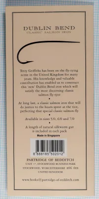 Partridge CS7DB Dublin Bend — back of sales card showing manufacturer information and credits — size 7/0 — designed by Terry Griffiths