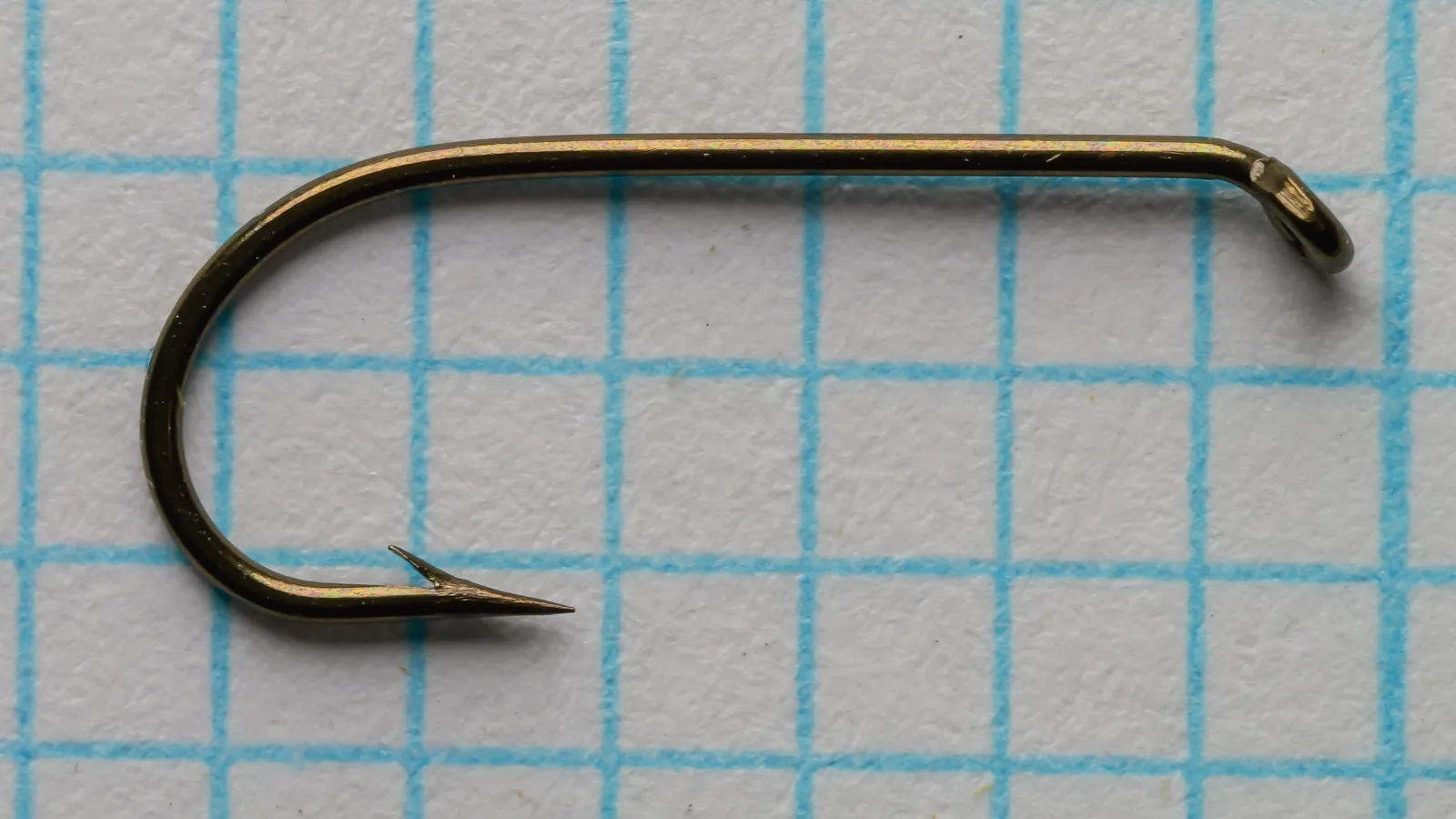Side view of a single bronzed hook on grid paper, showing a turned-down eye, a rounded bend and a barb behind the point.