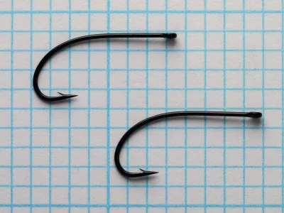 Partridge K12ST size 12 hooks — two examples showing consistency and straight ring eye construction — black finish