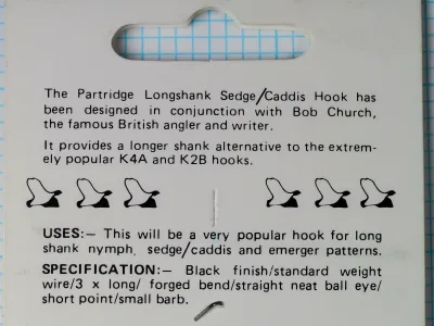 Partridge K12ST packaging — back side, product description — mentioning Bob Church designer credit and fishing applications