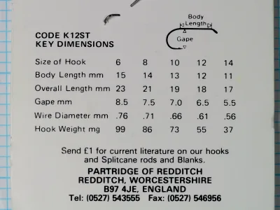 Partridge K12ST packaging — back side, dimension table and contact information — Redditch address, telephone, fax