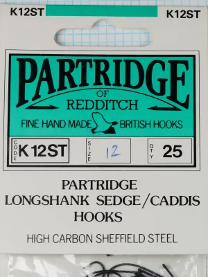 Partridge K12ST packaging — turquoise label card, front side — showing model code, size, and 'Fine Hand Made British Hooks' branding