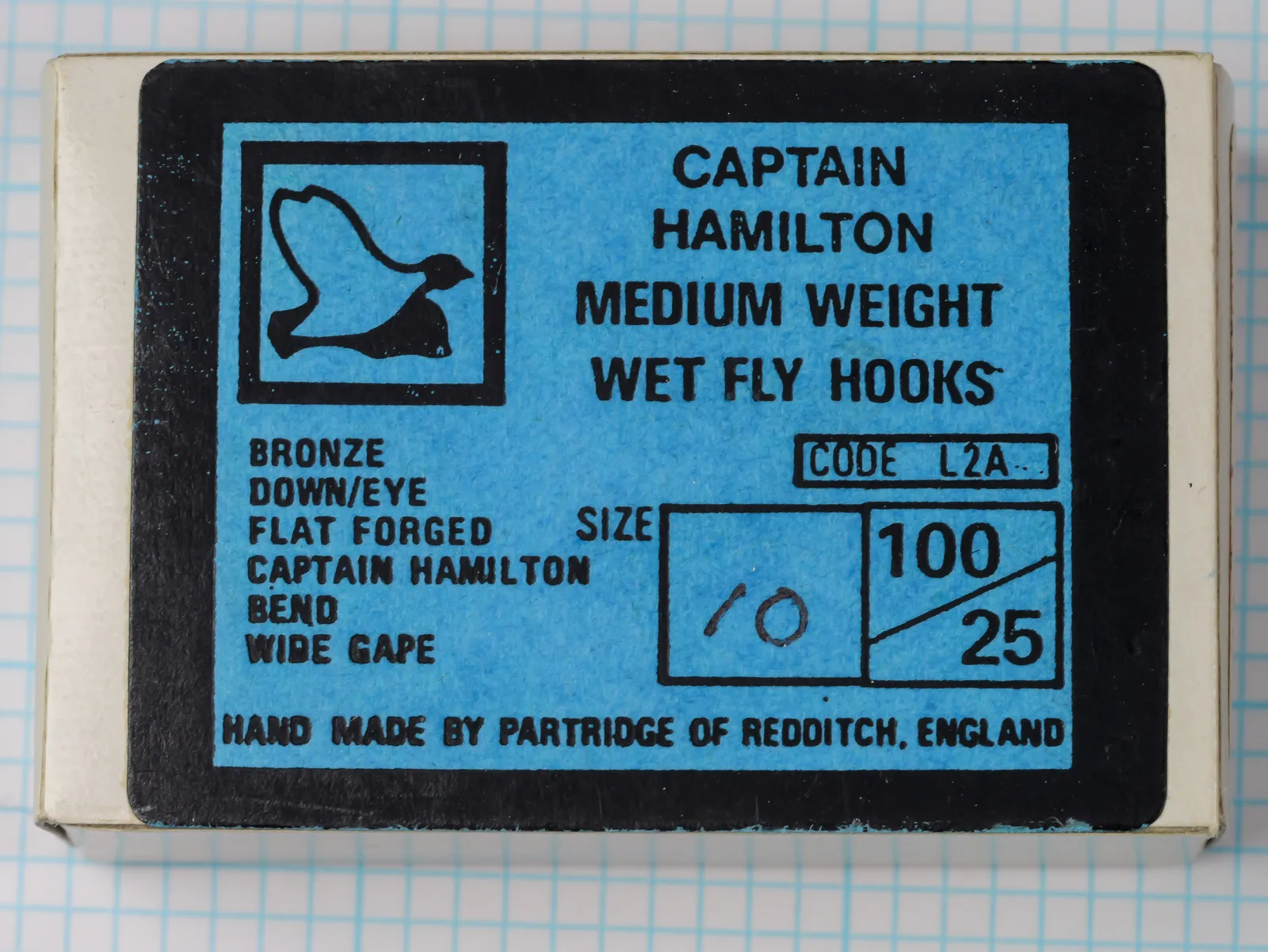 Partridge L2A Captain Hamilton Medium Weight Wet Fly Hook package label, blue and black, circa 1950-1980.