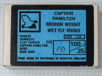 Partridge L2A Captain Hamilton Medium Weight Wet Fly Hook package label, blue and black, circa 1950-1980.