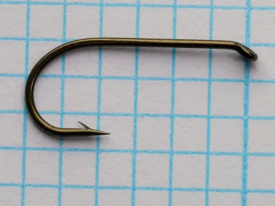 Partridge L2A wet fly hook from above, showing down/eye orientation and shank straightness.