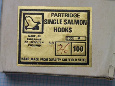 Partridge Single Salmon Hooks Code M vintage packaging with black text on yellow label