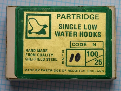 Partridge Code N Single Low Water — green and yellow label on cardboard box — size 10 — 100 count marked