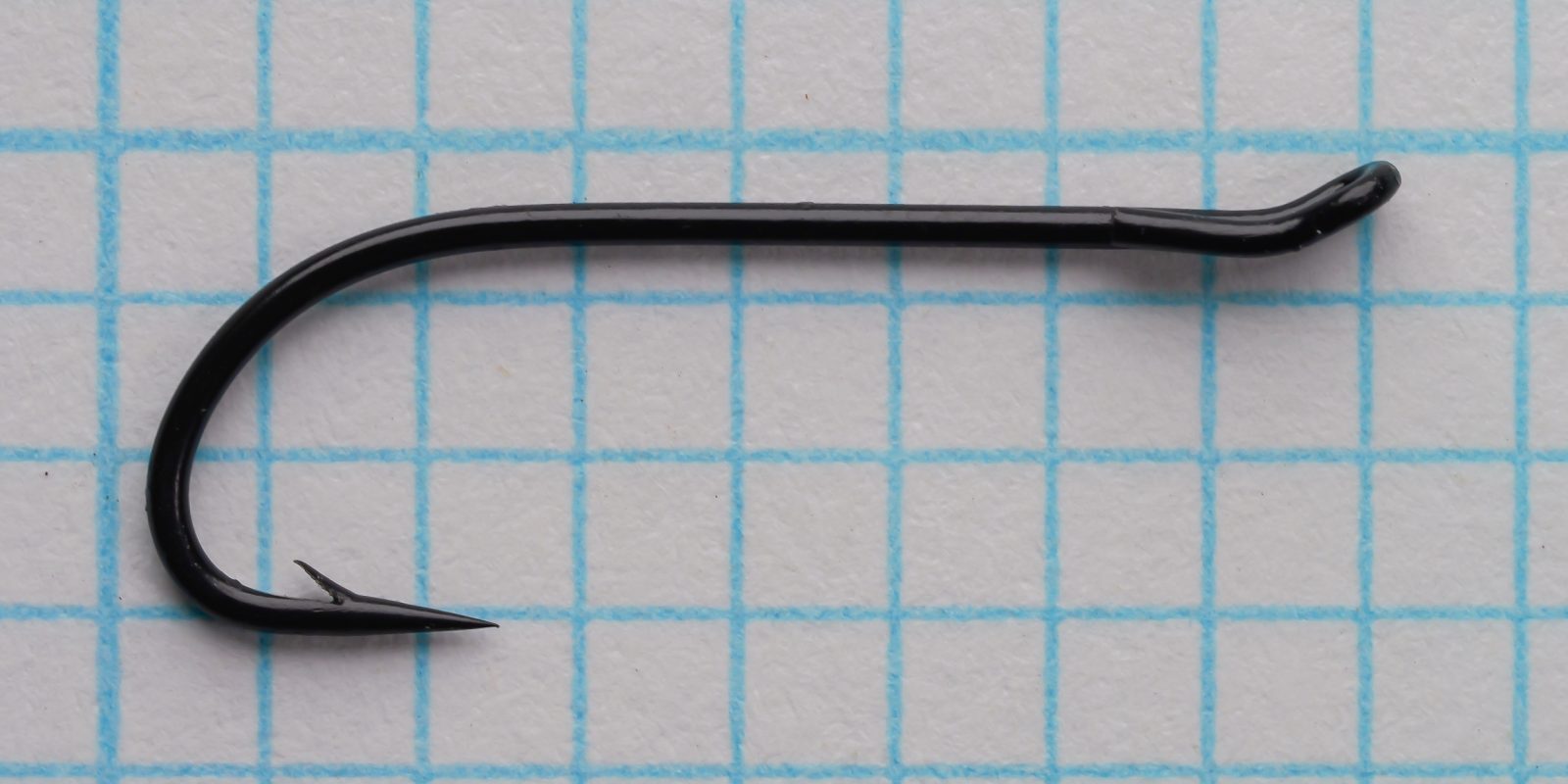 Partridge Code N size 10 hook — full profile view — turned-up loop eye — sproat bend — measurement grid