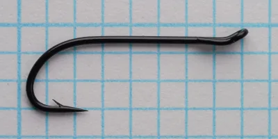 Partridge Code N size 10 hook — full profile view — turned-up loop eye — sproat bend — measurement grid