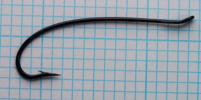 Partridge CS10/1 Bartleet Traditional Salmon Hook — full profile from eye to point — size 2 — curved shank and looped up-eye on measurement grid