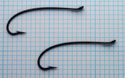 Partridge CS10/1 Bartleet Traditional Salmon Hook — two specimens for size comparison — size 2 — showing consistency of manufacture on measurement grid