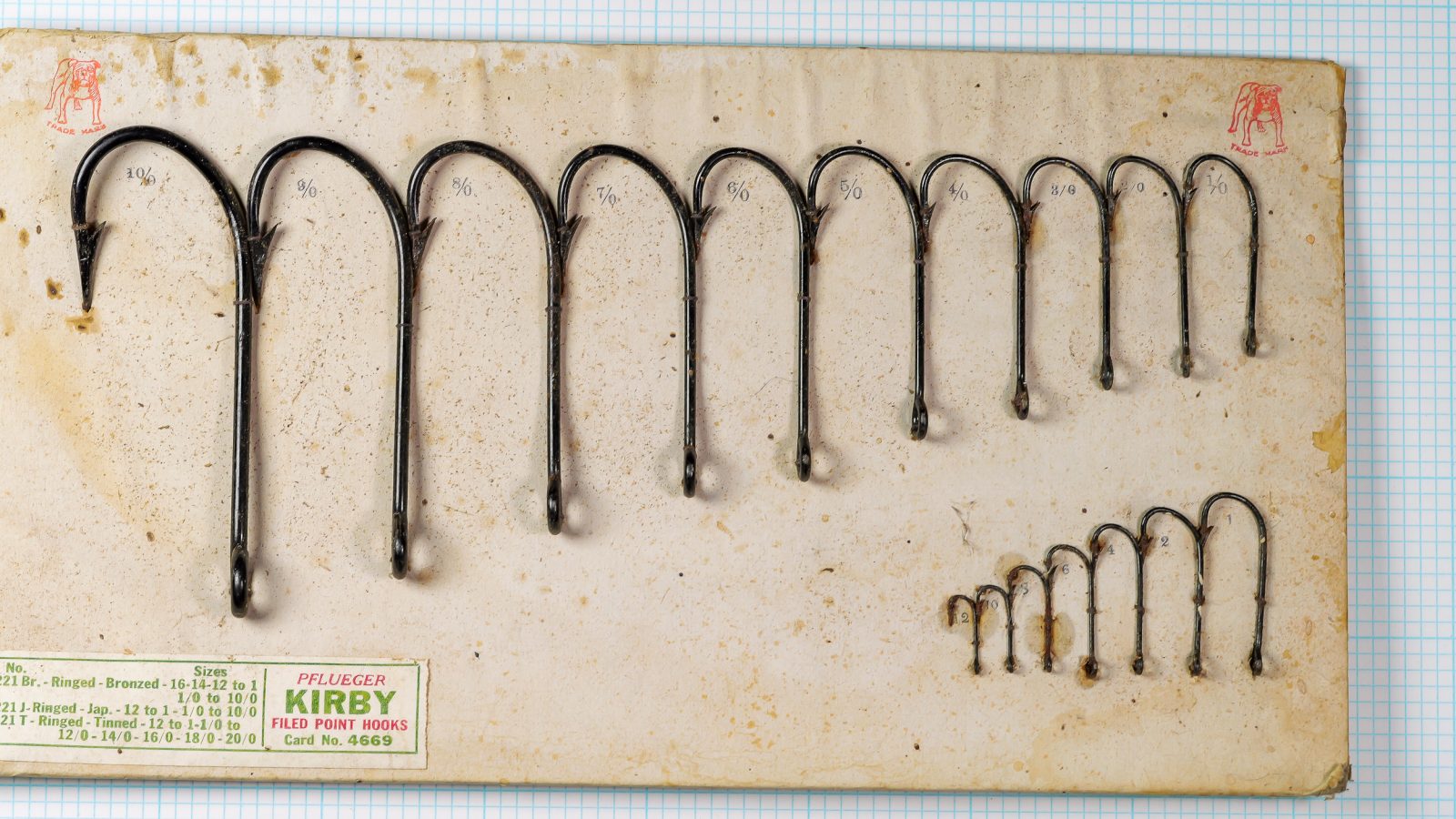 Pflueger Kirby sales card — display card showing multiple hook sizes mounted in graduated series — demonstrates size range 10/6 through 20/0