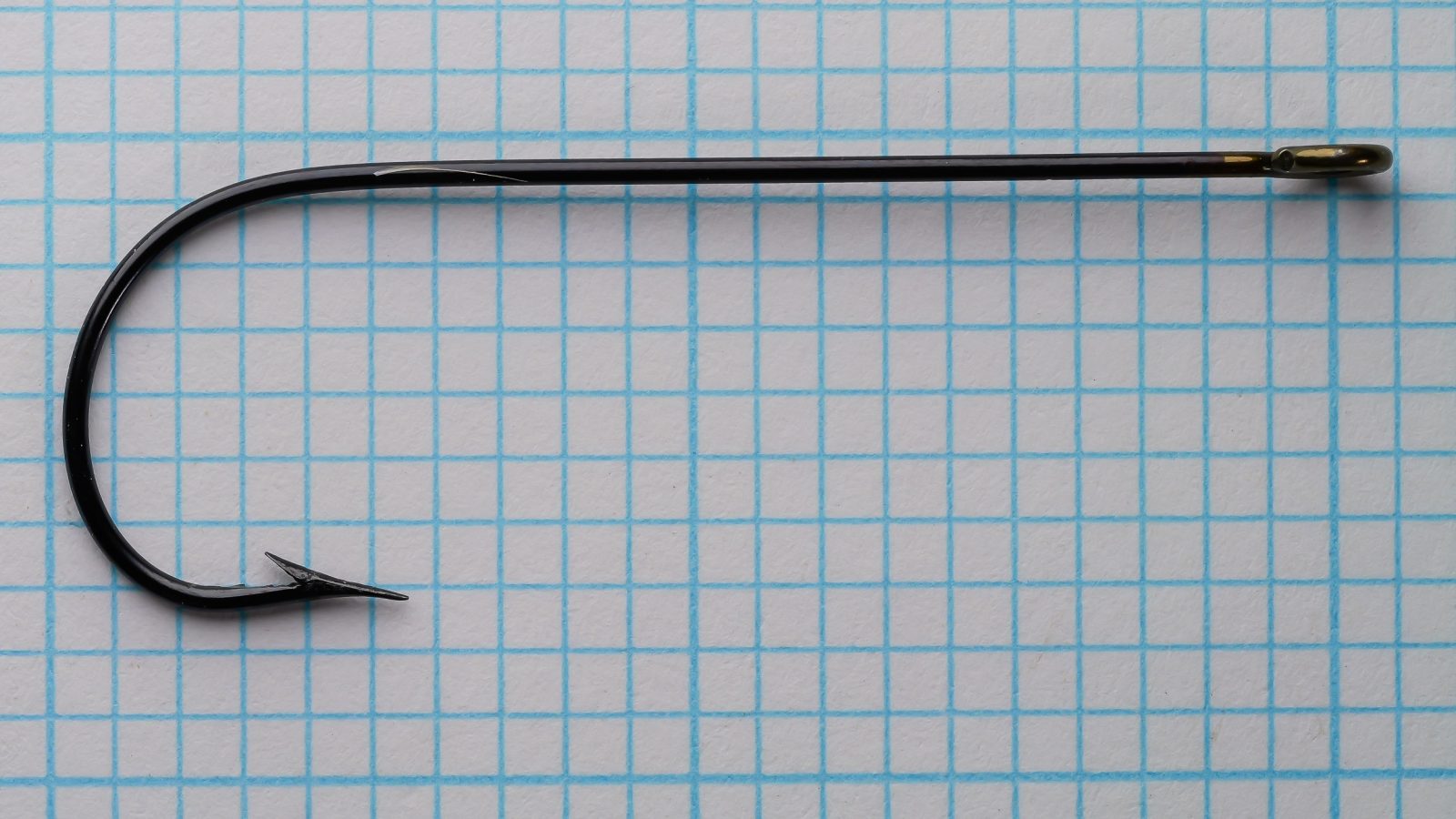 Mustad 3261 Aberdeen hook, full length overhead view with ringed eye
