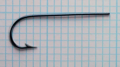 Mustad 3730 blind-eye marked-shank Aberdeen hook — full side profile showing bend, shank, and blind eye termination — size No. 1 — blued finish on measurement grid