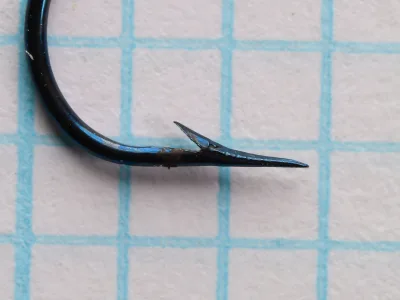 Mustad 3732 Aberdeen Hook — point and barb detail — size 6 — hollow point geometry