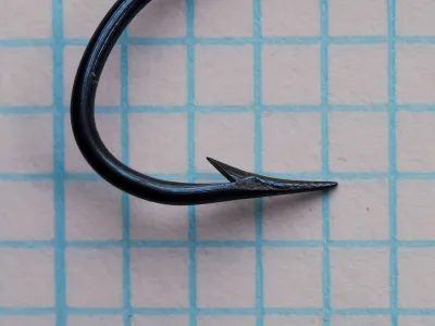 Mustad 3802 Hollow Point Detail — close-up showing concave inner face and knife-edge effect