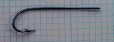 Mustad 3802 Size 6 Complete Profile — full profile showing marked shank, Limerick bend, and blind eye on grid