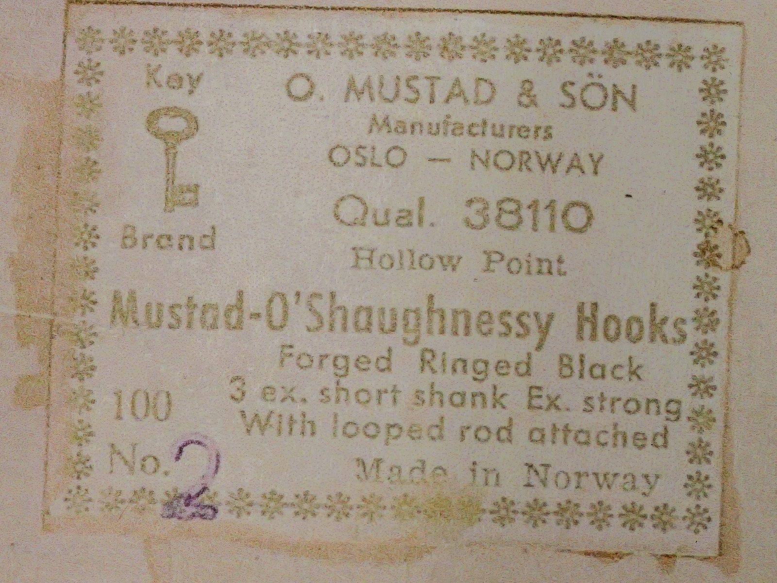 Mustad 38110 vintage label on original packaging — eight-line format showing specifications, size No. 2, Oslo-Norway origin