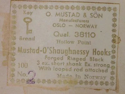 Mustad 38110 vintage label on original packaging — eight-line format showing specifications, size No. 2, Oslo-Norway origin