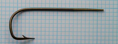 Mustad 3866 Quality Sneck Hook — side profile showing tapered shank and bend geometry — size 6/0 — bronzed finish
