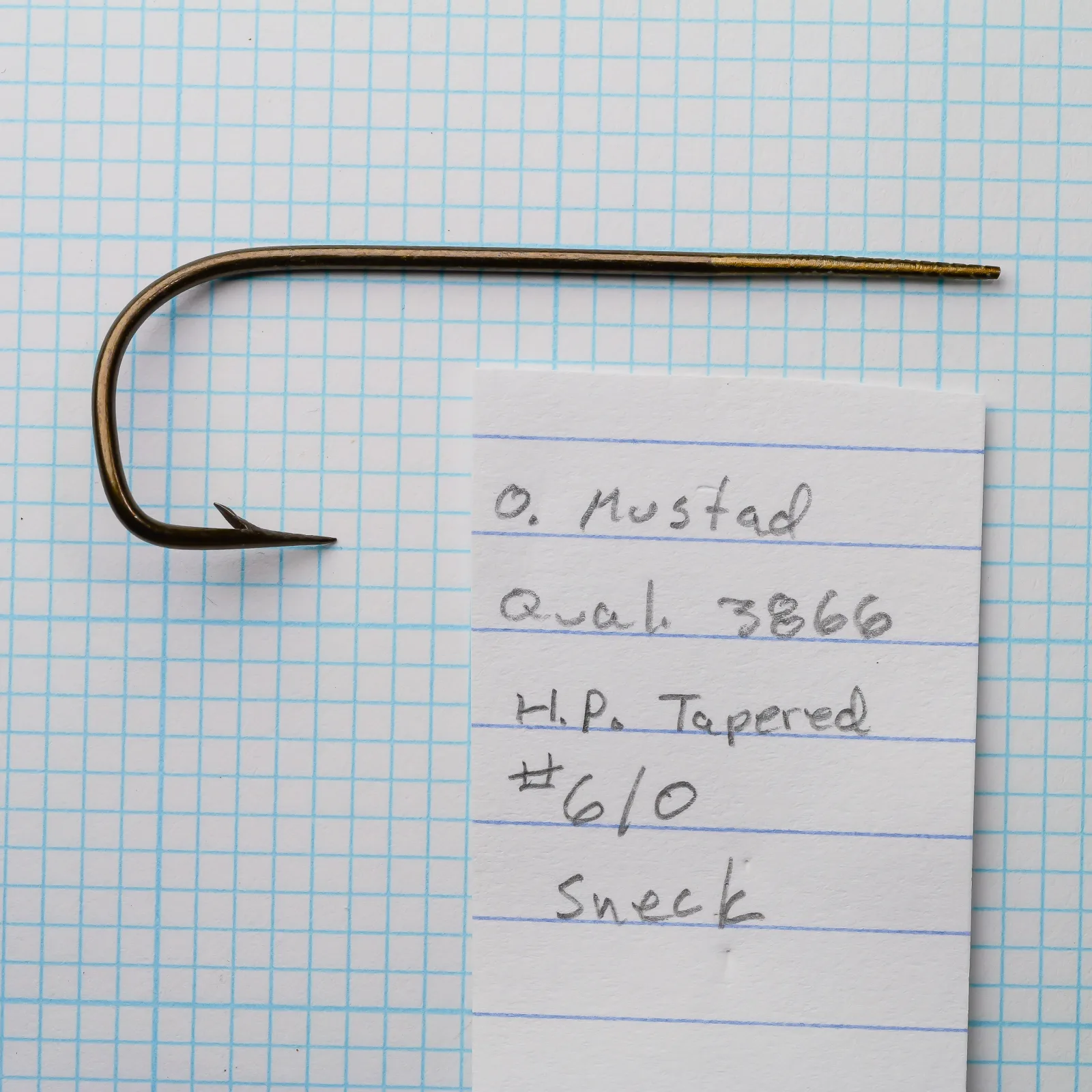Mustad 3866 Quality Sneck Hook — full profile with notation card — size 6/0 — bronzed finish