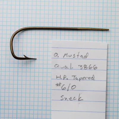 Mustad 3866 Quality Sneck Hook — full profile with notation card — size 6/0 — bronzed finish