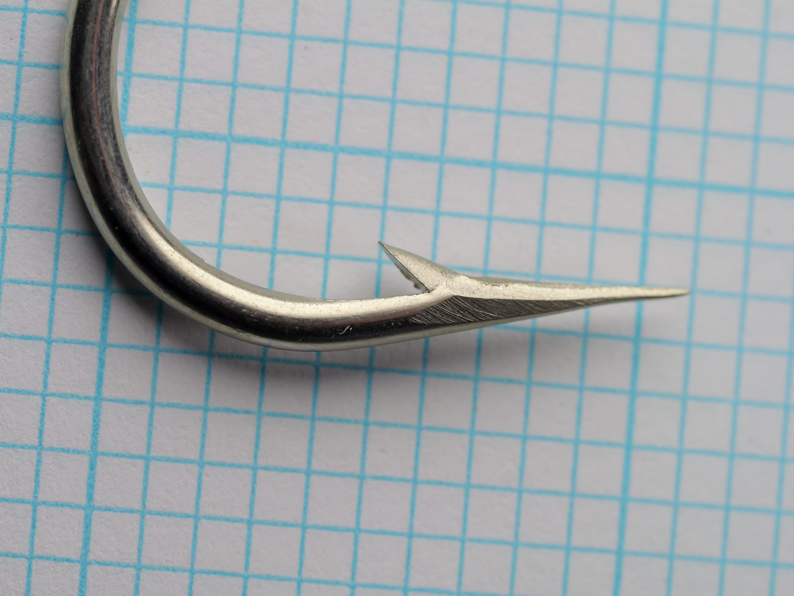 Mustad 3919 A — Hook full profile lateral view — Size 10/0 — Sproat bend with extra-long shank, bright nickel finish on measurement grid