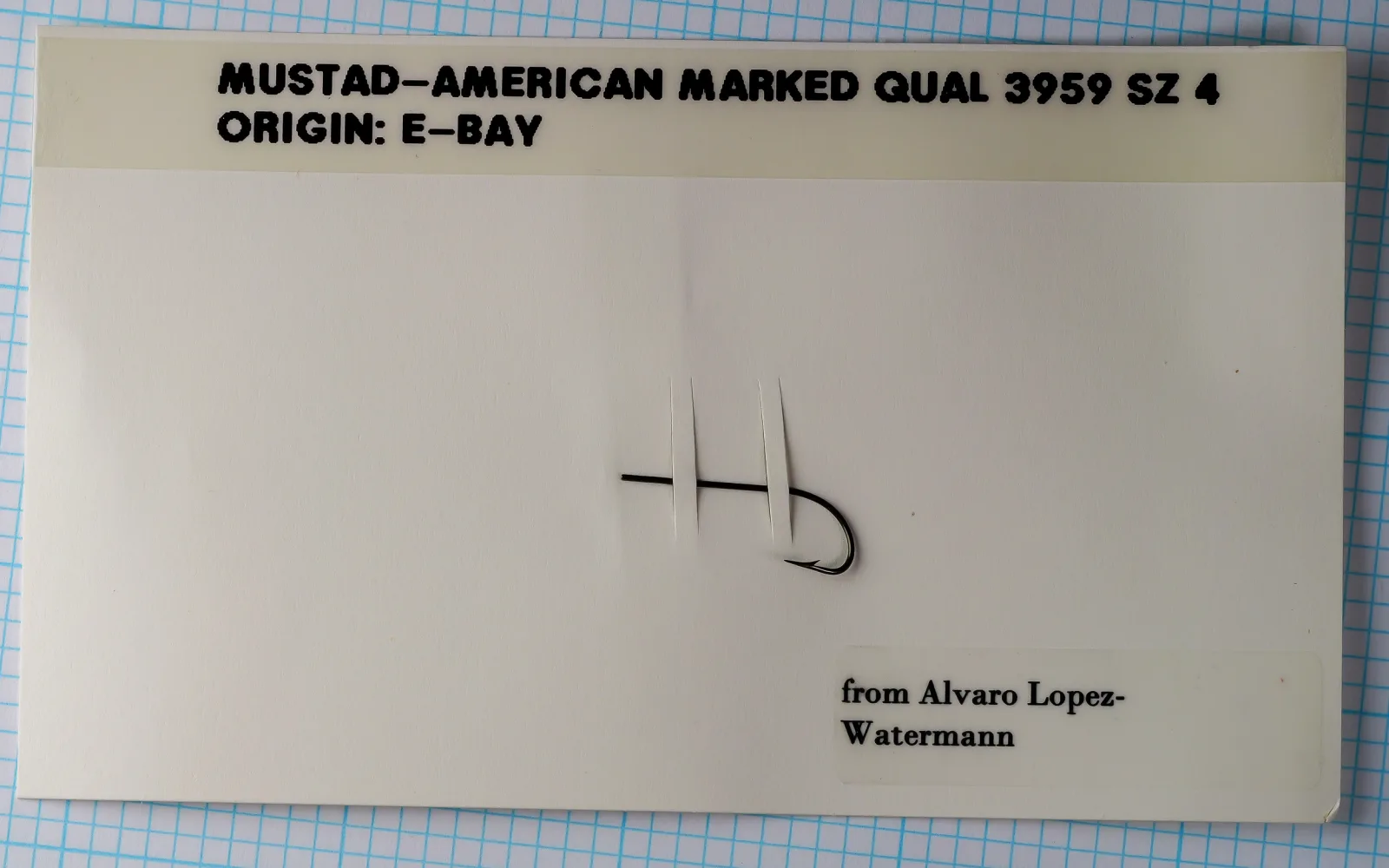 Mustad Qual. 3959 — Hook specimen on measurement grid — size 12 — blind eye showing marked shank end