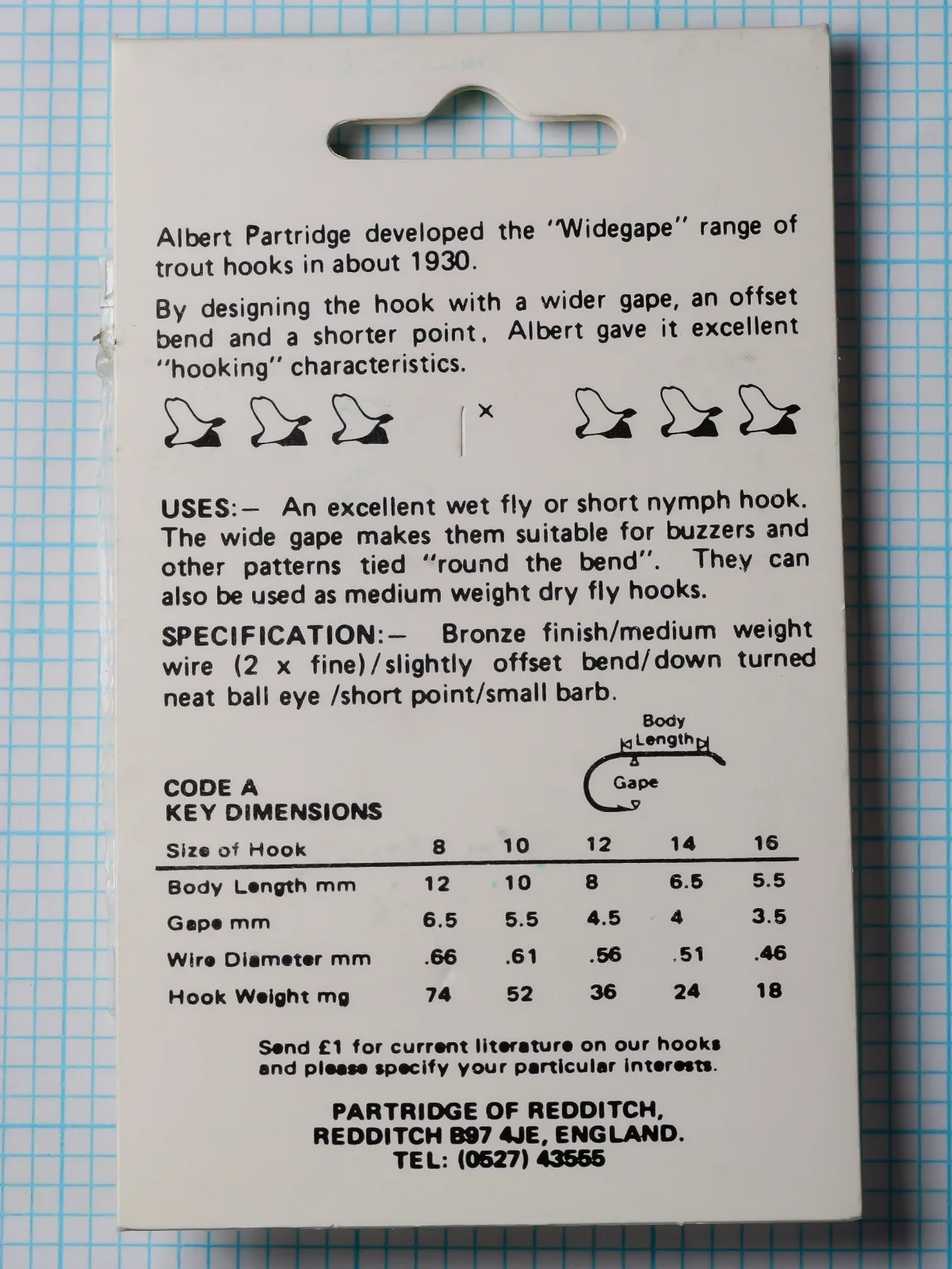 Back of a Partridge Code A header card with a key dimensions table and Redditch address