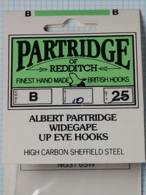 Partridge of Redditch Model B green card packaging — size 10 Widegape Up Eye Hooks — 25-count card — 'Finest Hand Made British Hooks'
